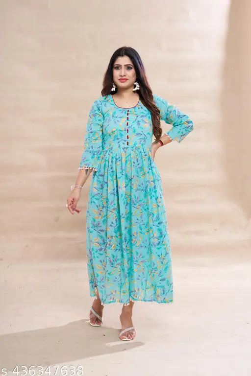 Ashima Designer Floral Print Pure Cotton Naira Cut Calf Length  Kurti