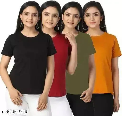 Women's Solid Round Neck Half Sleeve Combo T-shirts - Women's Combo T-shirts Pack of 4 Tshirts 