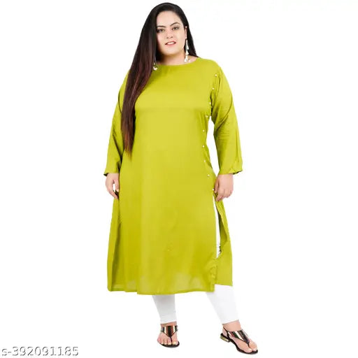 FAZZN Plus Size Customizable Ankle Length Solid Rayon Kurti in Green