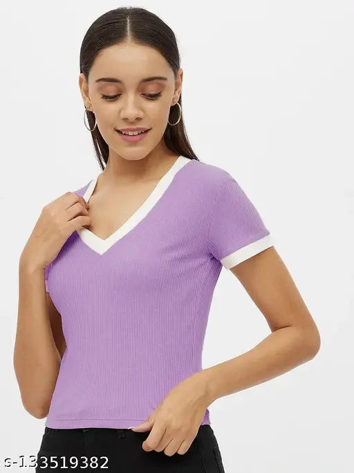 V-Neck Contrast Half Sleeve Ribbed Tops & Tunics