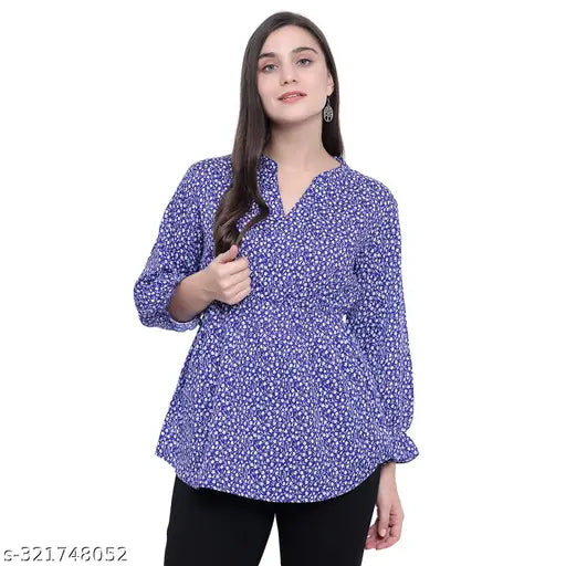 Nature Craft Blue Poly Crepe Floral Printed Full sleeve Women Tunic