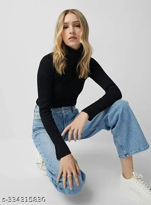 Women Casual Wear High Turtle Neck Full Sleeve Cotton Blend Ribbed Top for women and girls