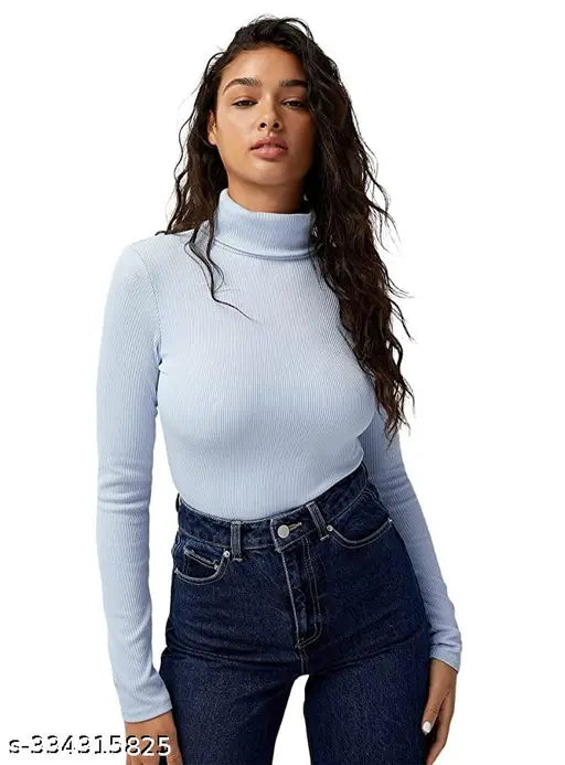 Women Casual Wear High Turtle Neck Full Sleeve Cotton Blend Ribbed Top for women and girls