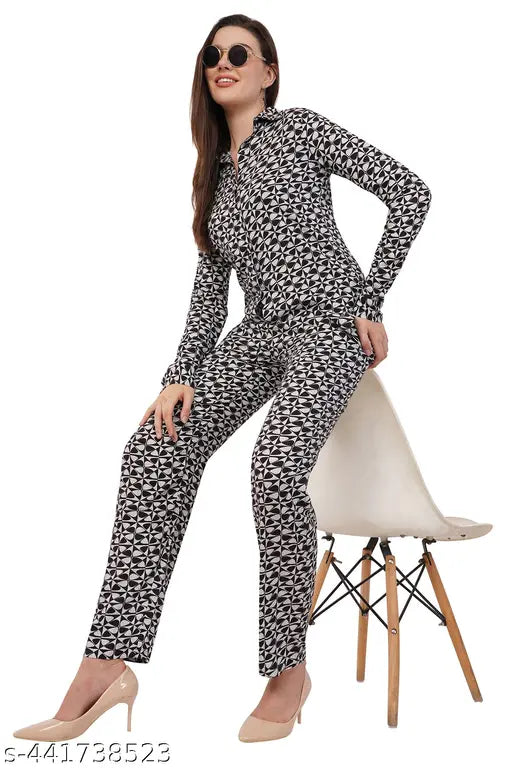 Avyola Women Trendy Geometric Print Viscose Rayon Cuffed Full Sleeves Shirt and Trouser Co-ord Set With Front Pockets For Beach And Summer Occasions Casual And Party Wear