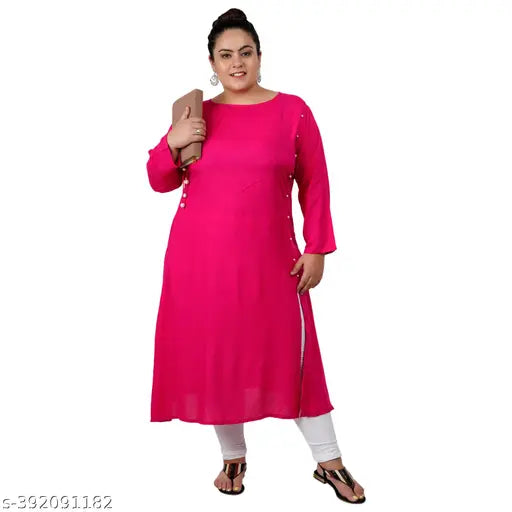 FAZZN Plus Size Customizable Ankle Length Solid Rayon Kurti in Pink