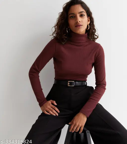 Women Casual Wear High Turtle Neck Full Sleeve Cotton Blend Ribbed Top for women and girls