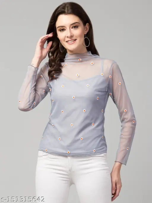 Stylish Embroidered High Neck Mesh Top