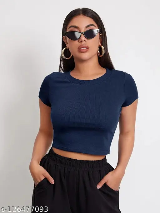 Women Round Neck Half Sleeve Casual Crop Cotton Blend Ribbed Top
