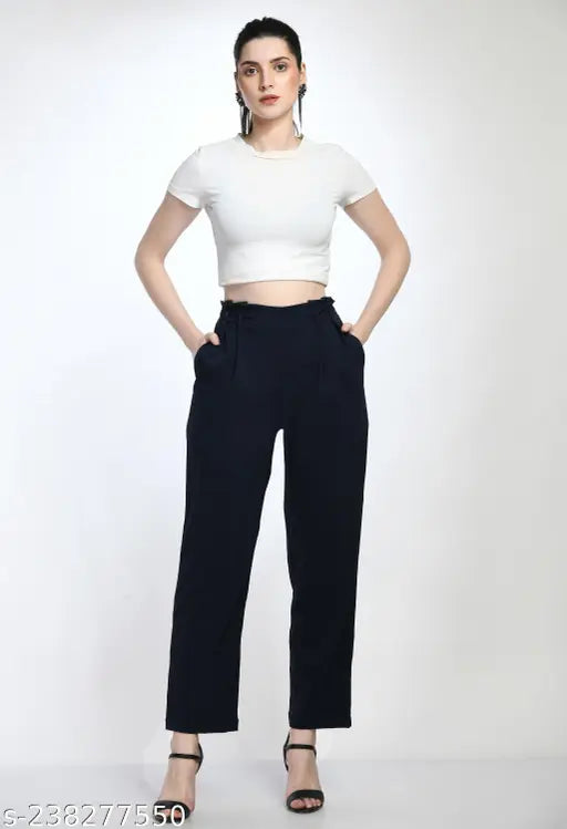 Women High Rise Paperbag Waist Solid Trouser