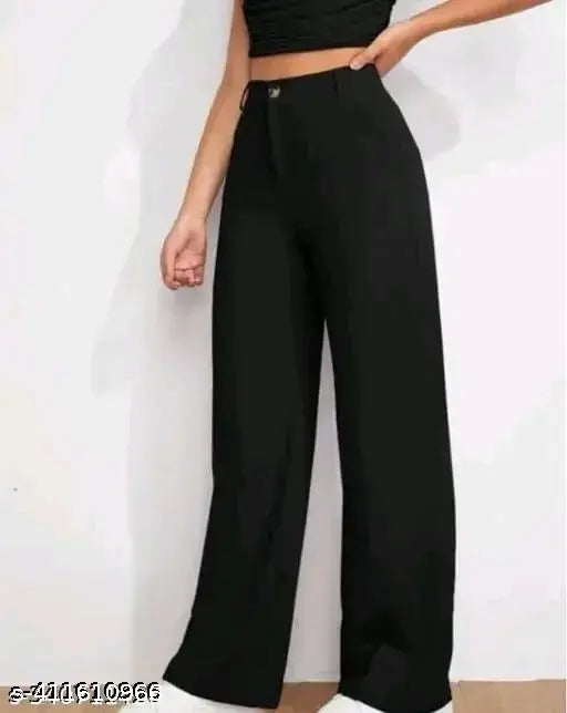 Women Regular Fit Black Viscose Rayon Trousers - Women Black Relaxed Straight Leg Loose Fit High-Rise Easy Wash Parallel Trousers 