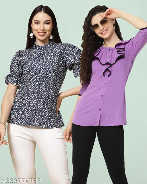 Women Printed Hip Length Multicolor Top{Pack Of 2}