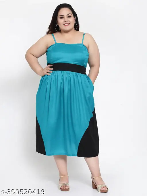 FAZZN Plus Size Firozi Rayon Calf Length Spaghetti Strap Dress