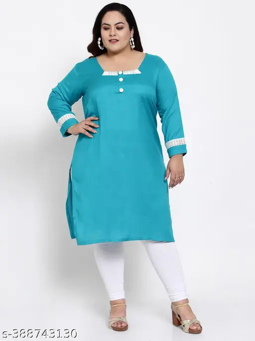 FAZZN Plus Size Knee-Length A-Line Rayon Blue Kurti with Full Sleeves