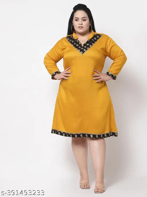 FAZZN Plus Size Customizable Knee-Length V-Neck Rayon Dress in Yellow