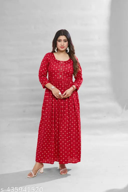 Ashima Designer Red Color Geometric Print Rayon Naira Cutt Kruti