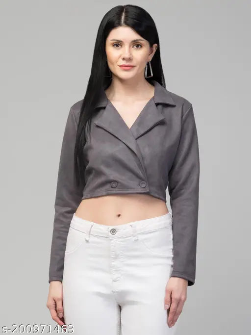 Women Solid Double-Breasted Casual Suede Blazer