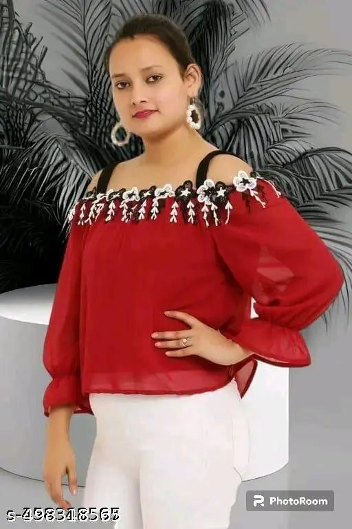 Women solid lace baloon 3/4 sleeve stylish top