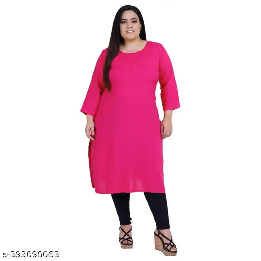 FAZZN Plus Size Customizable A-Line Knee Length Pink Rayon Kurti with Round Neck
