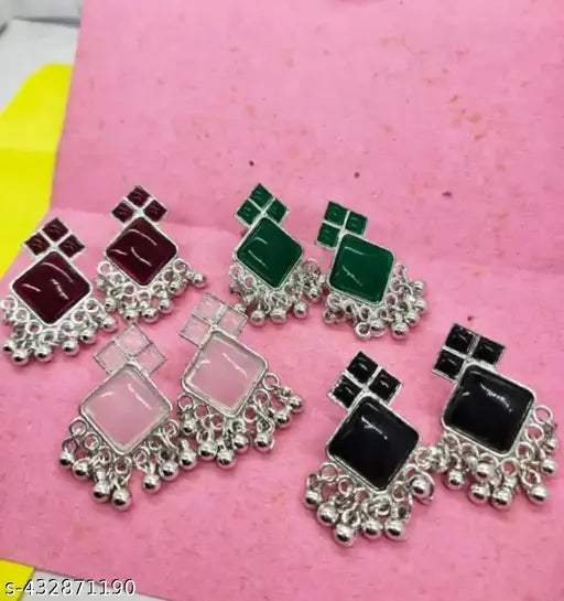 Silver Toned Baby Pink  black green merron  Mona Lisa Stone Embellished Studs