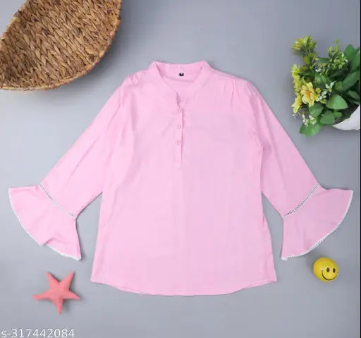Nature Craft Pink  Rayon Solid3/4 Sleeve Stand Coller Hip Leanth Women Top