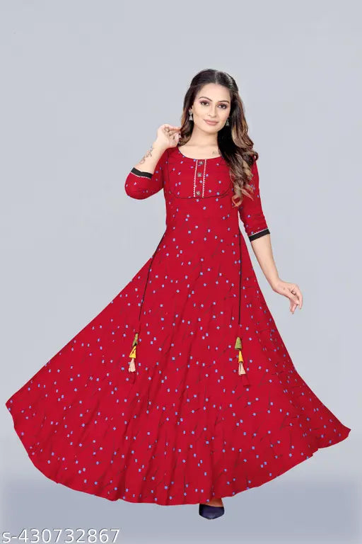 Ashima Designer Red Color Leheriya Print Round Neck Long Flared Anarkali Gown