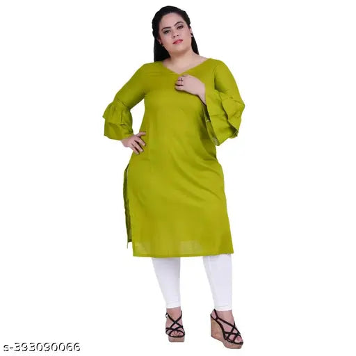 FAZZN Plus Size Customizable Knee Length Green Rayon Kurti with V Neck