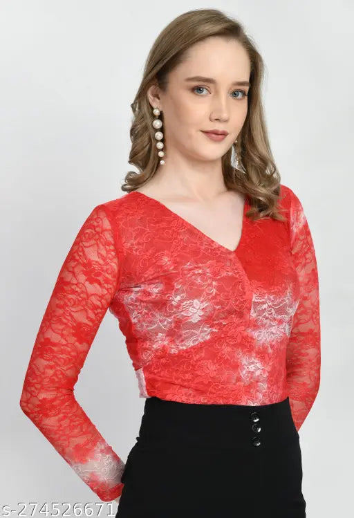 Women’s Luminous Lace Sheath Top / Designer Full Sleeve Red Top For Girls & Women