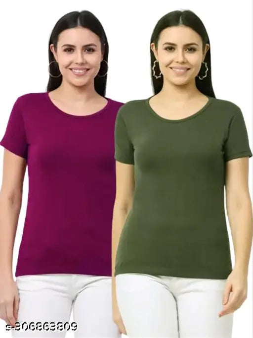 Women's Solid Round Neck Half Sleeve Combo T-shirts - Women's Combo T-shirts Pack of 2 Tshirts 
