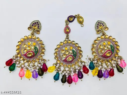 fancy rarring's with mangtika   pink  green blue mangtika+earring's    Trendy Ethnic Temple Style Kempu Work Premium Quality Maangtika  #new mangita with earring set # fancy magtika # latest mangtika