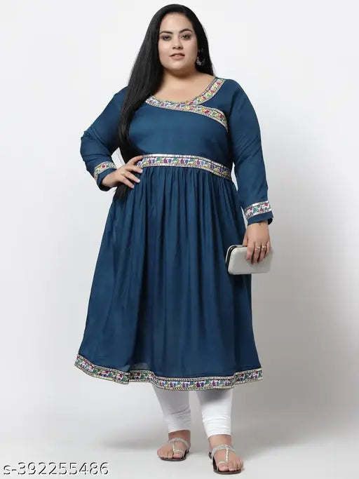 FAZZN Plus Size Rayon Angrakha Kurti in Firozi Calf Length