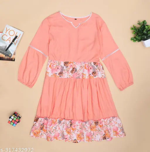 Nature Craft Peach Rayon Floral 3/4 Sleeve Round Neck knee Length Women Dress