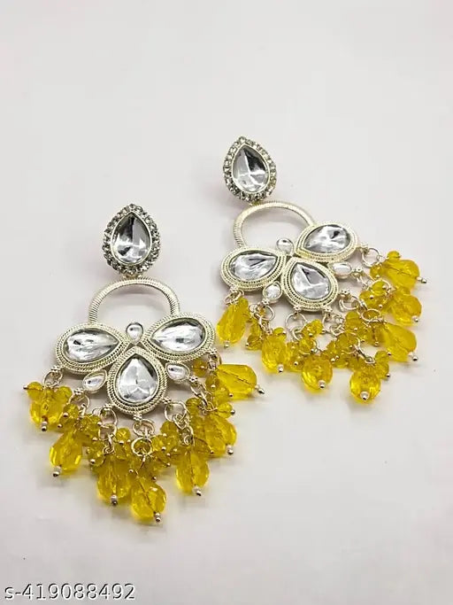 FASHION DANGLER YELLOW EARRINGS MINAKARI WORK WITH KUNDAN STONE AND BEADS HANGINGS