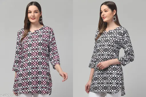 Women printed multicolour 3/4 sleeve rayon short kurti pack of 2
