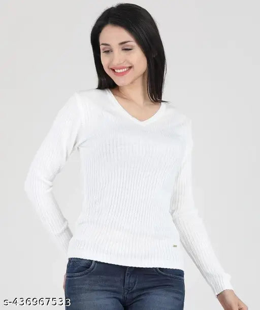 Stylish Women's & Girls' Solid Ribbed V Neck Collarless Full Sleeve Slim Fit Simplicity Tops