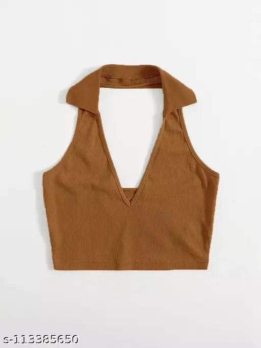 Women Sleveeless Polo Collar Ribbed Solid Crop Tops & Tunics