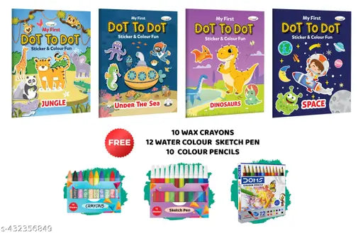 My first Dot to Dot Sticker & Colour Fun - Under the Sea  My first Dot to Dot Sticker & Colour Fun - Jungle  My first Dot to Dot Sticker & Colour Fun - Space  My first Dot to Dot Sticker & Colour Fun - Dinosaurs  10 WAX CRAYONS  12 WATER COLOUR