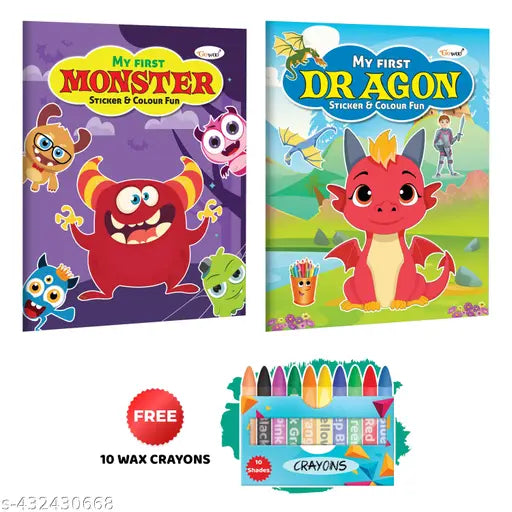 My First Monster and Dragen Sticker and Colour Fun with 10 Wax Crayons : Kids Coloring Book  Children’s Fun Coloring Book  Kids Coloring Book with Stickers - Pack of 2 Colouring Books