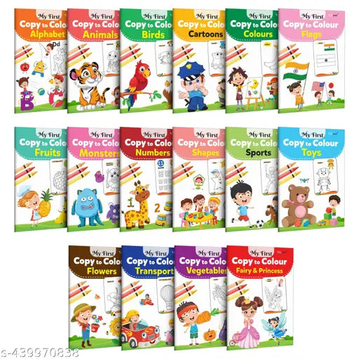 My First Copy to Colour - Alphabet  Animals  Birds  Cartoons  Colours  Monster  Flowers  Fruits  Numbers  Shapes and more : Children colouring book  Copy and colour book - Pack of 16 Colouring Books