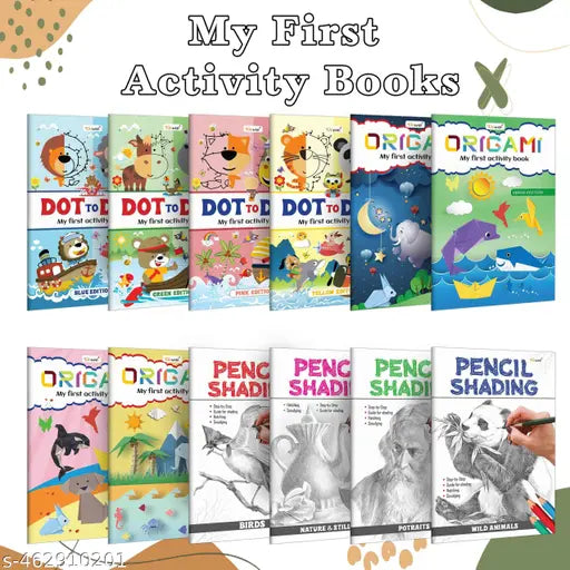 My First Activity Book - Dot to Dot and Origami (Blue  Green  Pink and Yellow Edition)  Pencil Shading - Birds  Wild Animals  Nature & Still Life and Portraits : Kids activity book - Pack of 12 Activity books