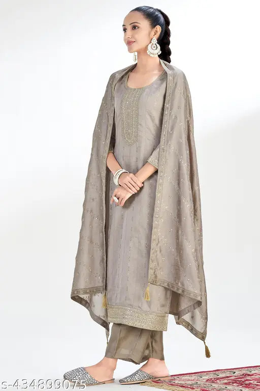 Women's Embroidered Kurta and Pant with Dupatta Set