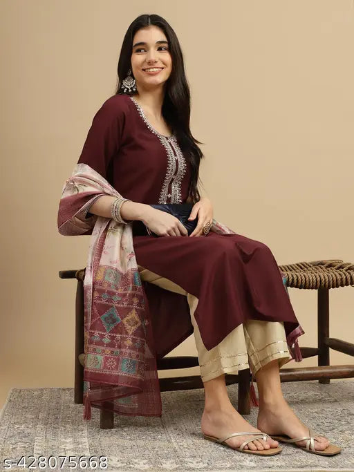 Women's Chinon Kurta and Pant with Dupatta Set