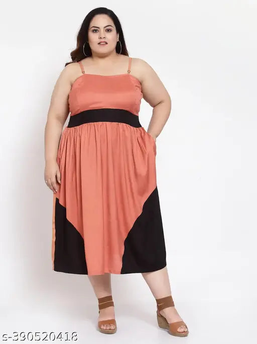 FAZZN Plus Size Brown Rayon Calf Length Spaghetti Strap Dress