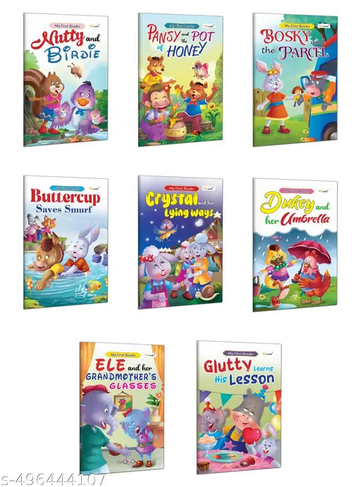 Children’s First Readers : Bosky and the Parcel  Pansy and the Pot of Honey  Buttercup Saves Smurf  Crystal and her Lying Ways & more-Collection of Early Learning Tales  Story book for kids (Set of 8)