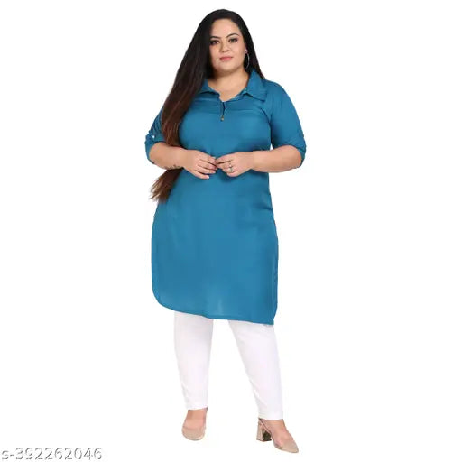 FAZZN Plus Size Blue Rayon Collared Solid Kurti