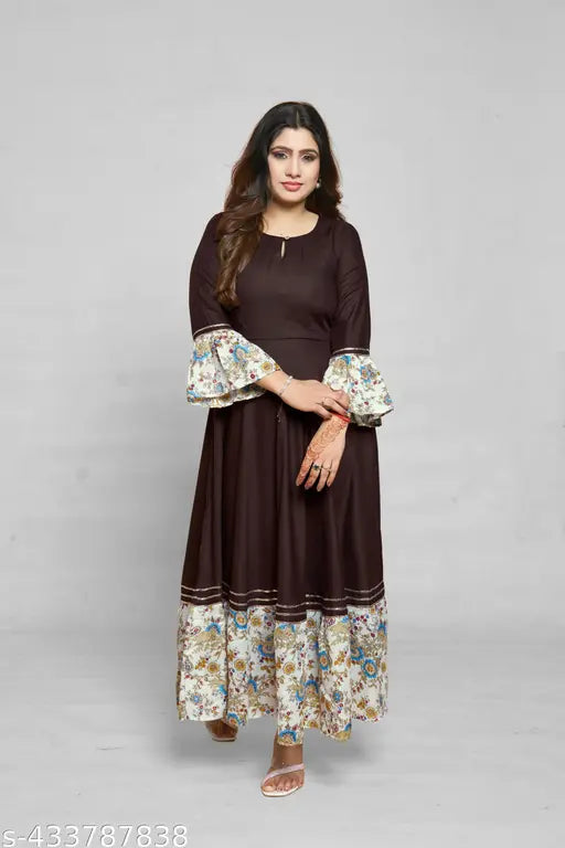 Ashima Designer Brown Color Solid Print Ballon Sleeves Frill Designer Rayon Flared Gown