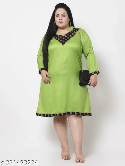 FAZZN Plus Size Customizable Knee-Length V-Neck Green Rayon Dress