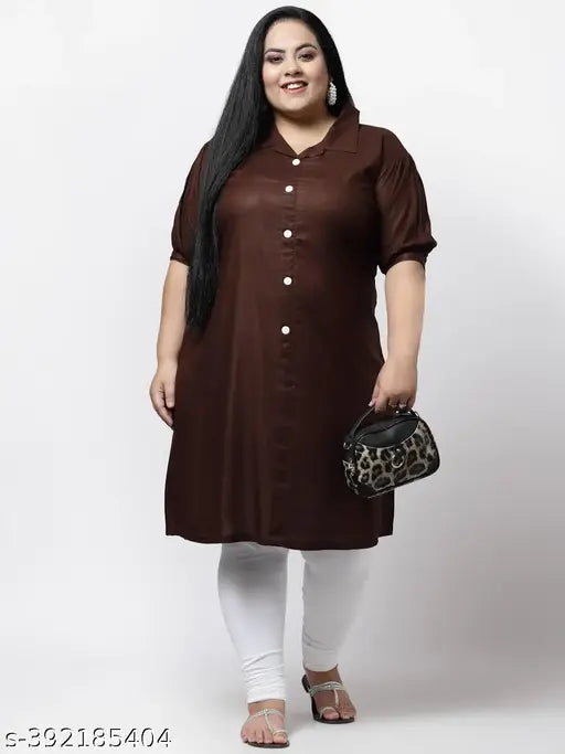 FAZZN Plus Size Brown Rayon Solid Straight Kurti with Customization