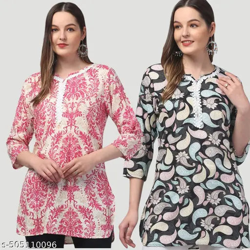 Women printed multicolou rayon embroded short kurti pack of 2
