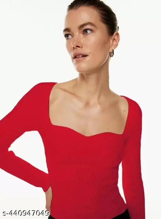 Heart Neckline Rib Top Long Sleeves