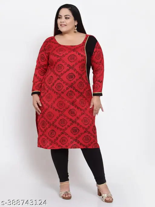 FAZZN Plus Size and Red A-Line Knee Length Rayon Kurti with Round Neck and Screen Printed / Foil Print Three Quarter Sleeves